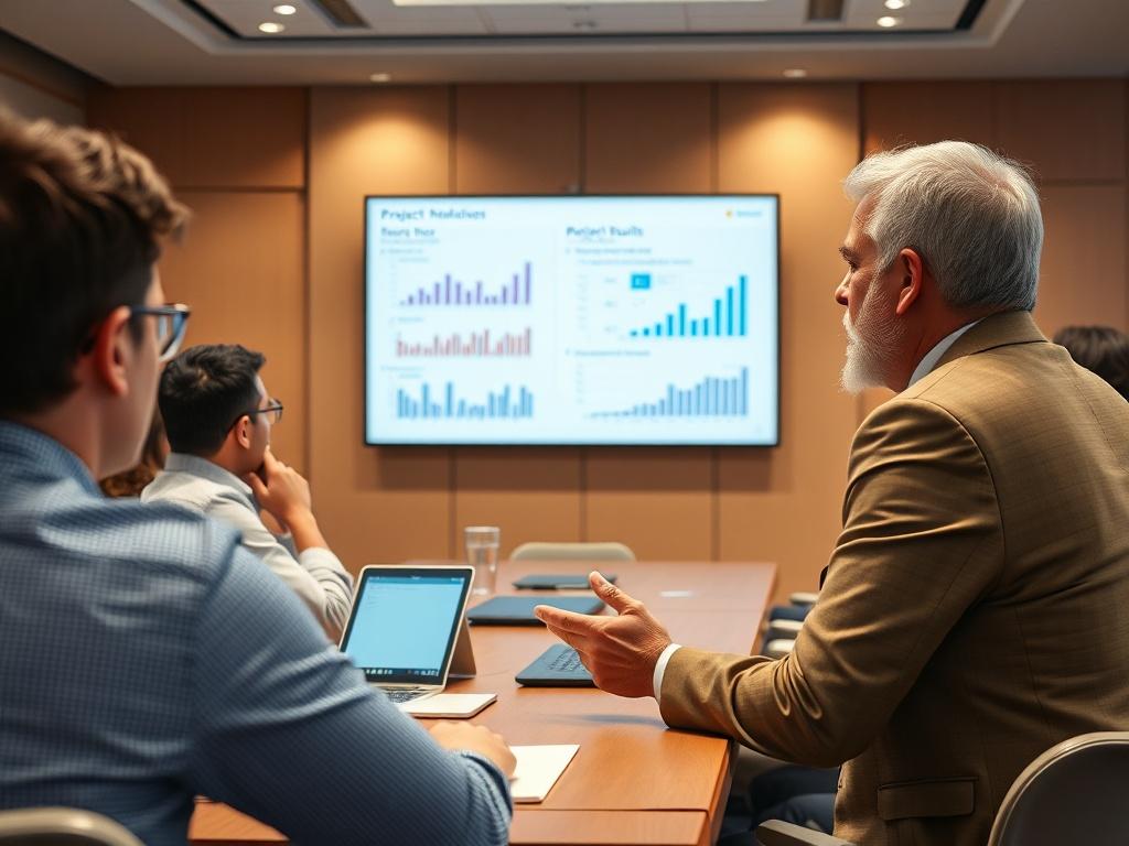 A high-resolution close-up shot of a senior project manager presenting project results on a digital screen during a board meeting. The background should include audience members engaged in discussion, with charts and graphs displayed. The lighting should convey a sense of authority and professionalism.