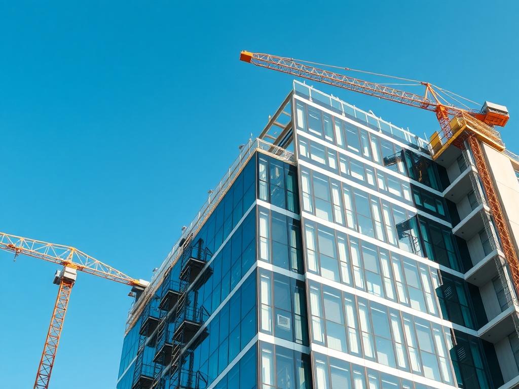A close-up shot of a modern office building with construction elements, showcasing advanced facility management features. The image captures a harmonious blend of technology and construction, emphasizing the project's successful execution. Background is a clear blue sky, highlighting the building's architectural details.