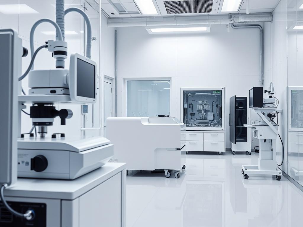 A high-resolution close-up shot of a modern cleanroom with sleek, sterile surfaces and advanced equipment, showcasing white walls, a controlled environment, and precision instruments. The composition should focus on a specific section of the cleanroom, highlighting the cleanliness and sophistication of the technology used in microelectronics manufacturing. The background should be simple and unobtrusive to emphasize the cleanroom features, with soft lighting to create a professional atmosphere.