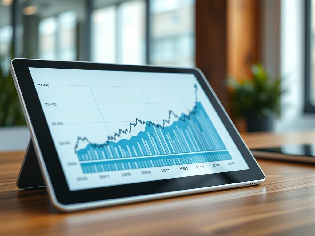 A high-resolution, hyper-realistic close-up shot of a financial chart displayed on a modern digital tablet, set on a sleek wooden desk. The background features a blurred office environment with a hint of greenery. The focus is on the tablet screen showing upward trends and data points, emphasizing growth and analysis. The composition is simple and clear, with no distractions, capturing a professional and analytical atmosphere.