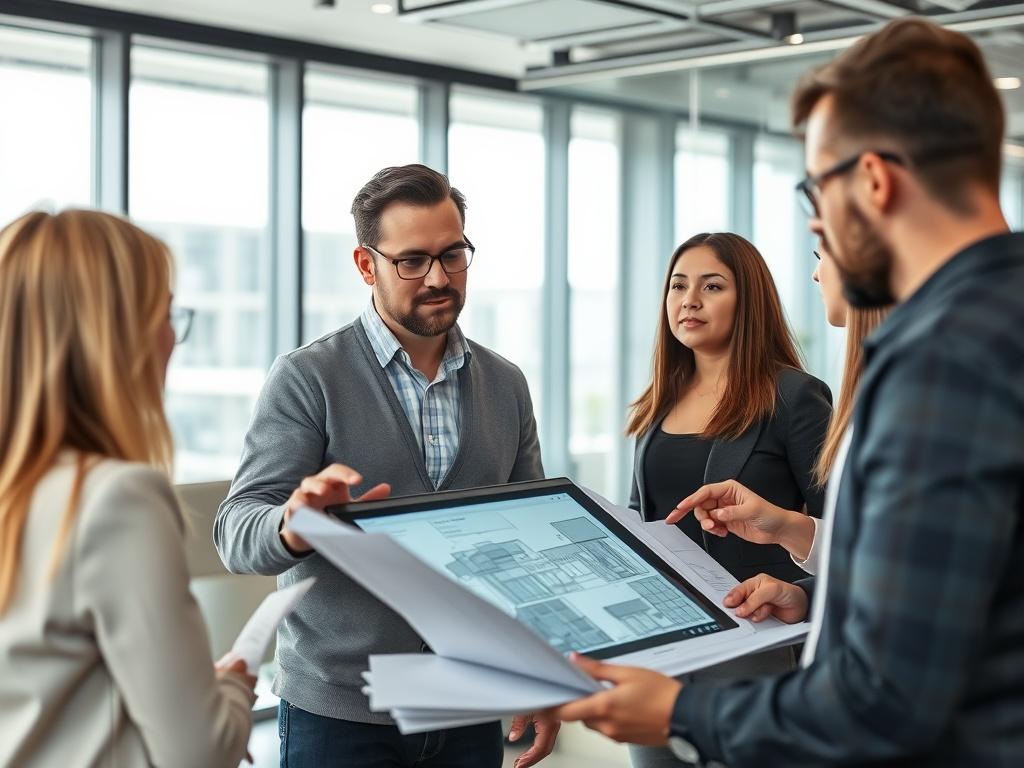 A hyper-realistic close-up shot of a project manager discussing plans with a team in a modern office setting. The focus is on the project manager, who is holding blueprints and gesturing towards a digital tablet displaying architectural renderings. The background features a sleek conference room with large windows, bright natural light, and contemporary design elements. The image should convey collaboration and professionalism, with a color palette that harmonizes with the primary color #062767.
