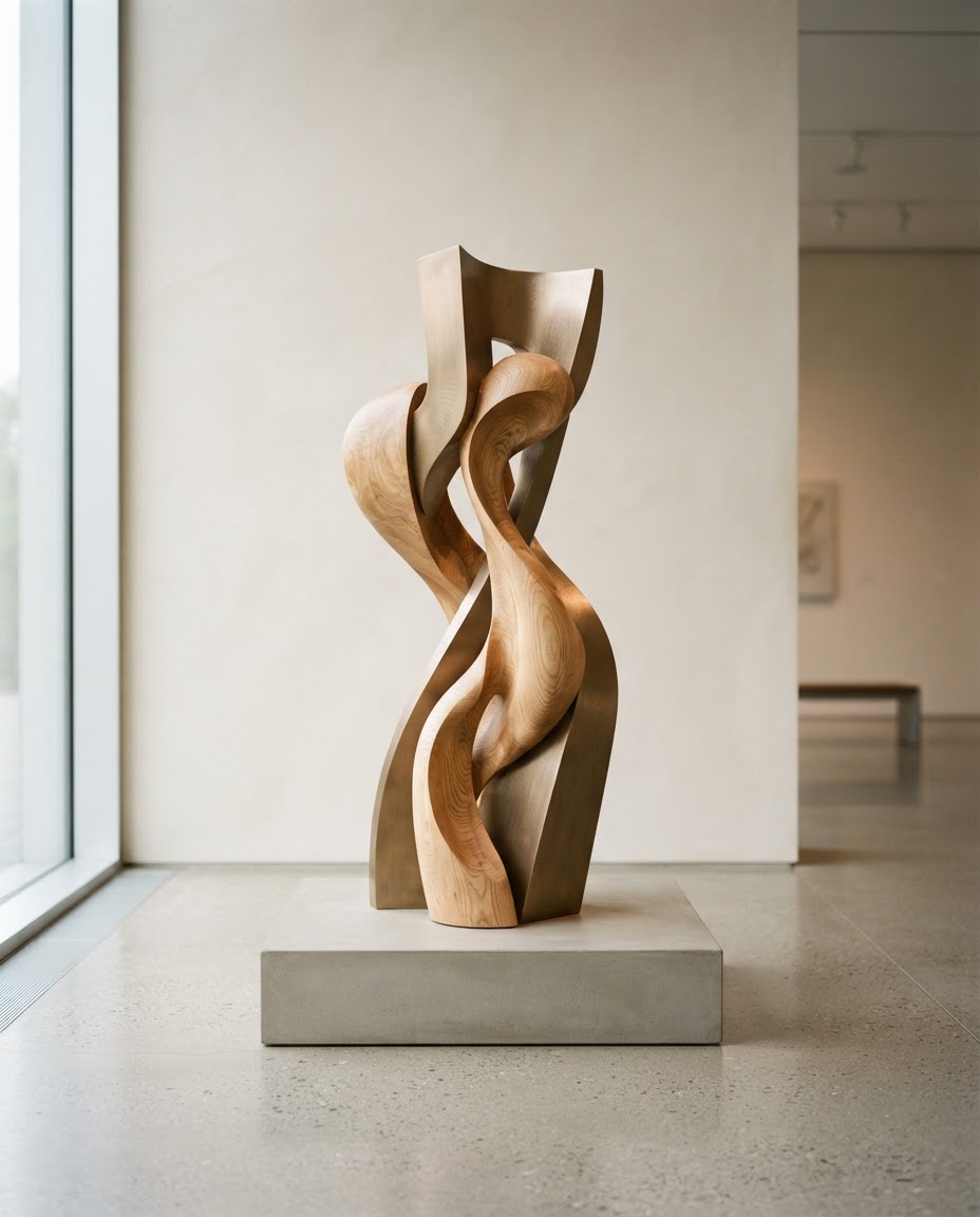 Carved wood and bronze sculpture displayed in a museum