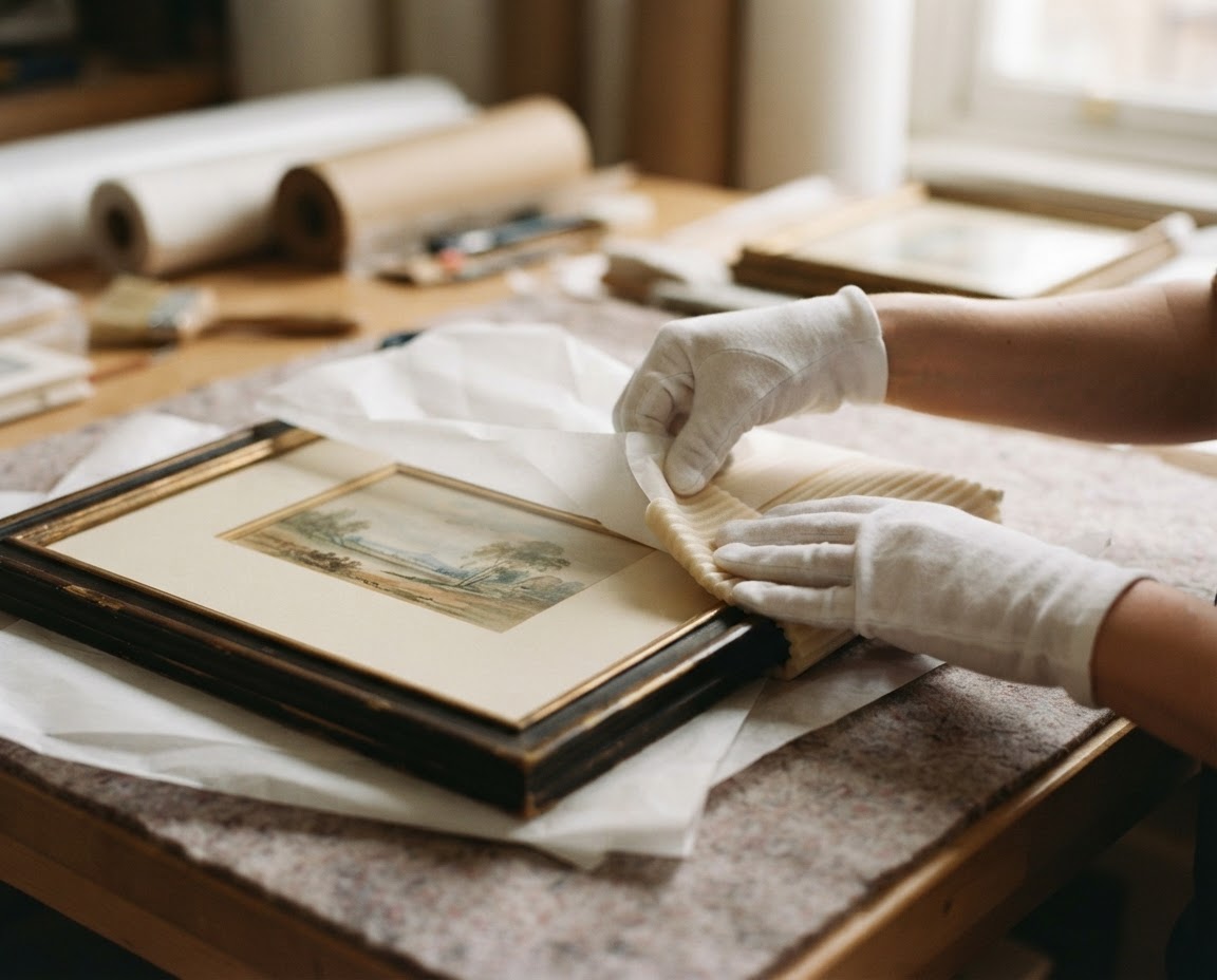 White-gloved hands protecting a framed artwork for transport