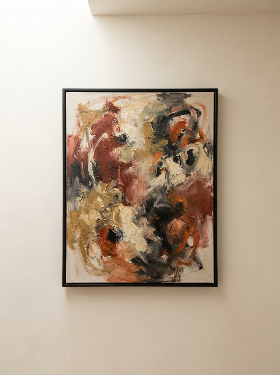 Terracotta and gold abstract painting in a gallery frame