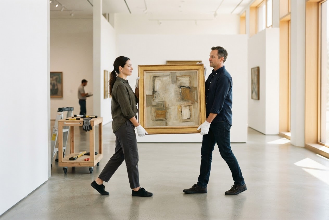 Fine art handlers coordinating an artwork move in a bright gallery