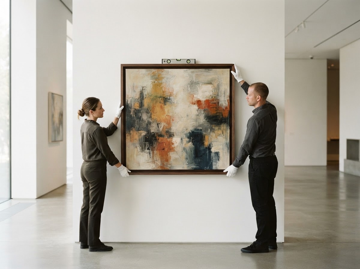 Art handlers carefully leveling a framed painting in a gallery