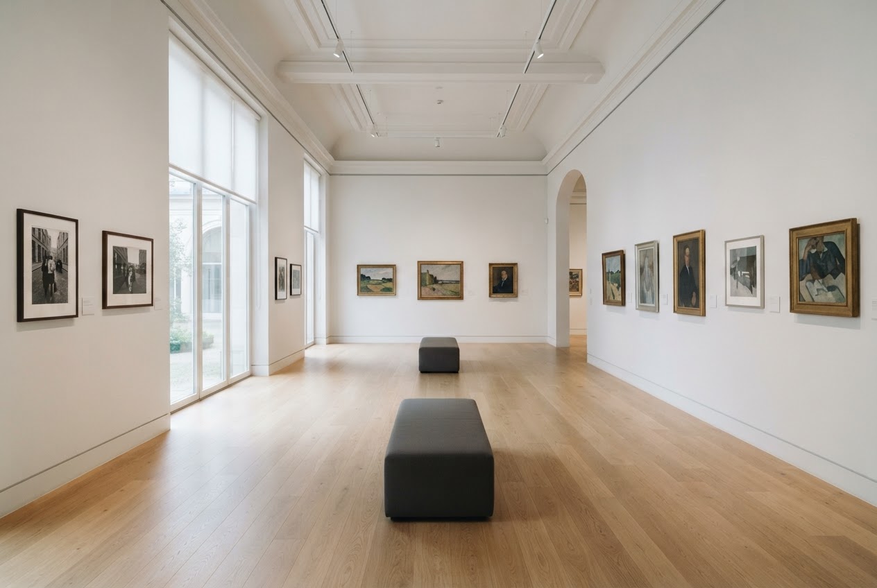 Quiet museum exhibition with framed paintings and photographs