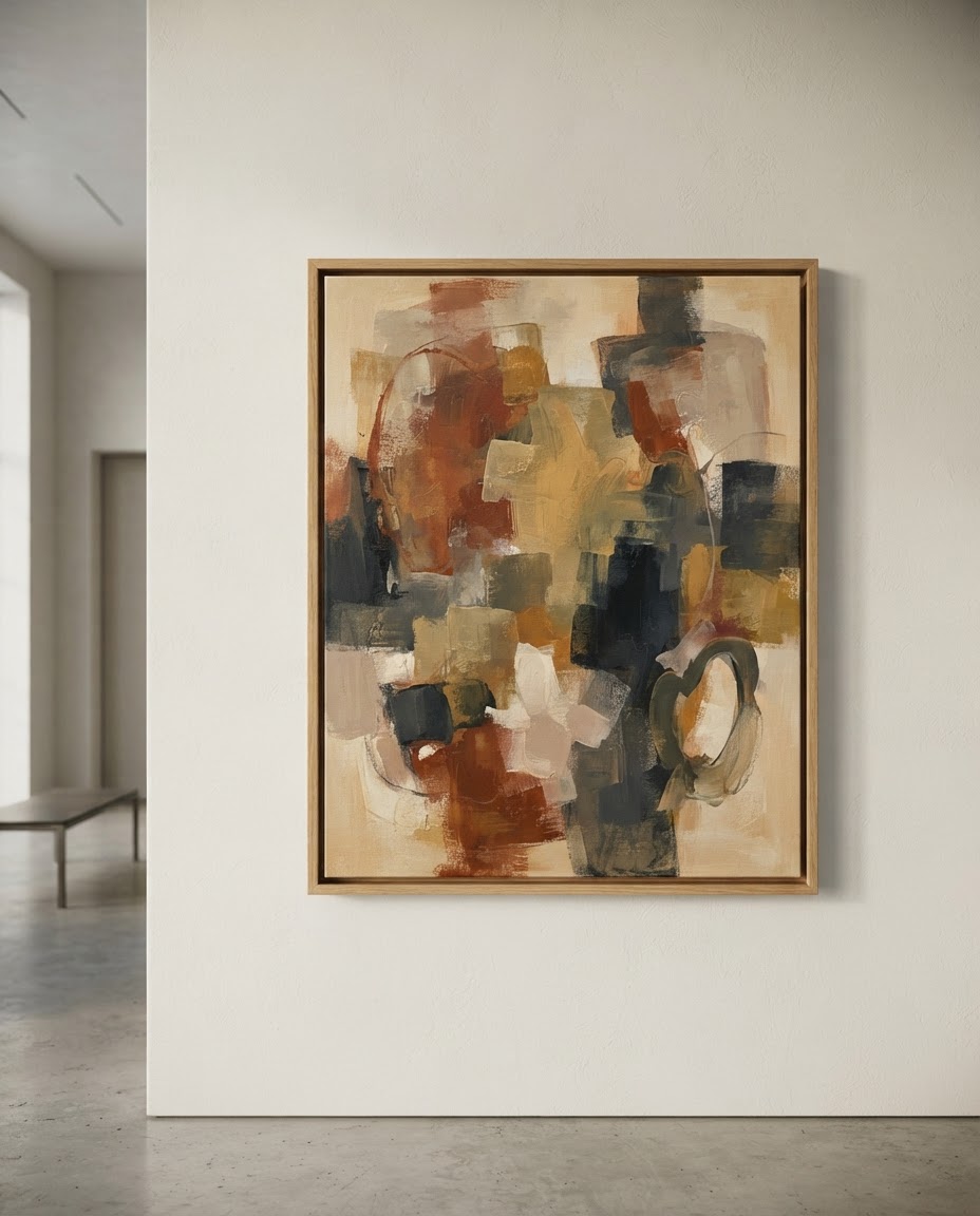 Abstract artwork in an oak frame, displayed on a softly lit gallery wall