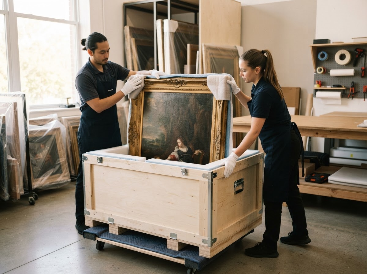A custom wooden shipping crate prepared for a framed painting