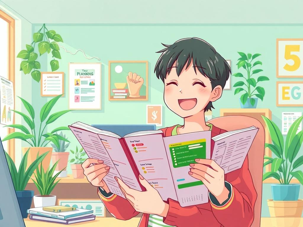A vibrant, high-energy anime illustration depicting a cheerful person organizing a colorful planner filled with tasks. The background features a bright and lively home office setting, with plants and motivational posters. The character is smiling, showcasing a sense of accomplishment and positivity, embodying the essence of effective task management. The color palette aligns with the primary green theme, incorporating rgb(50, 170, 39) as a dominant color.