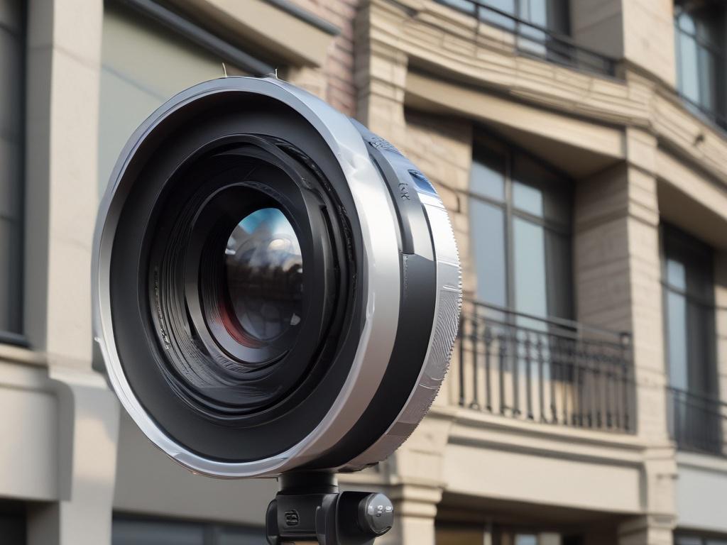 A hyper-realistic close-up photo of a professional camera lens focused on a modern house facade, shot with a 45mm f/1.2 lens style. The background is softly blurred to emphasize the lens and the architectural details, with natural daylight enhancing the image, compatible with rgb(155, 2, 2) primary color.