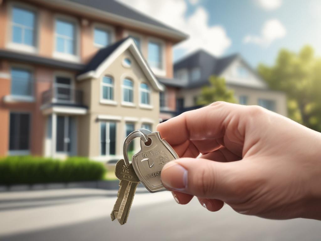 A close-up shot of a professional real estate agent's hand holding house keys, with a blurred background of a modern house exterior. The image is hyper-realistic, captured with a 45mm f/1.2 lens style, featuring warm natural lighting and a focus on the keys and hand, compatible with rgb(155, 2, 2) primary color.