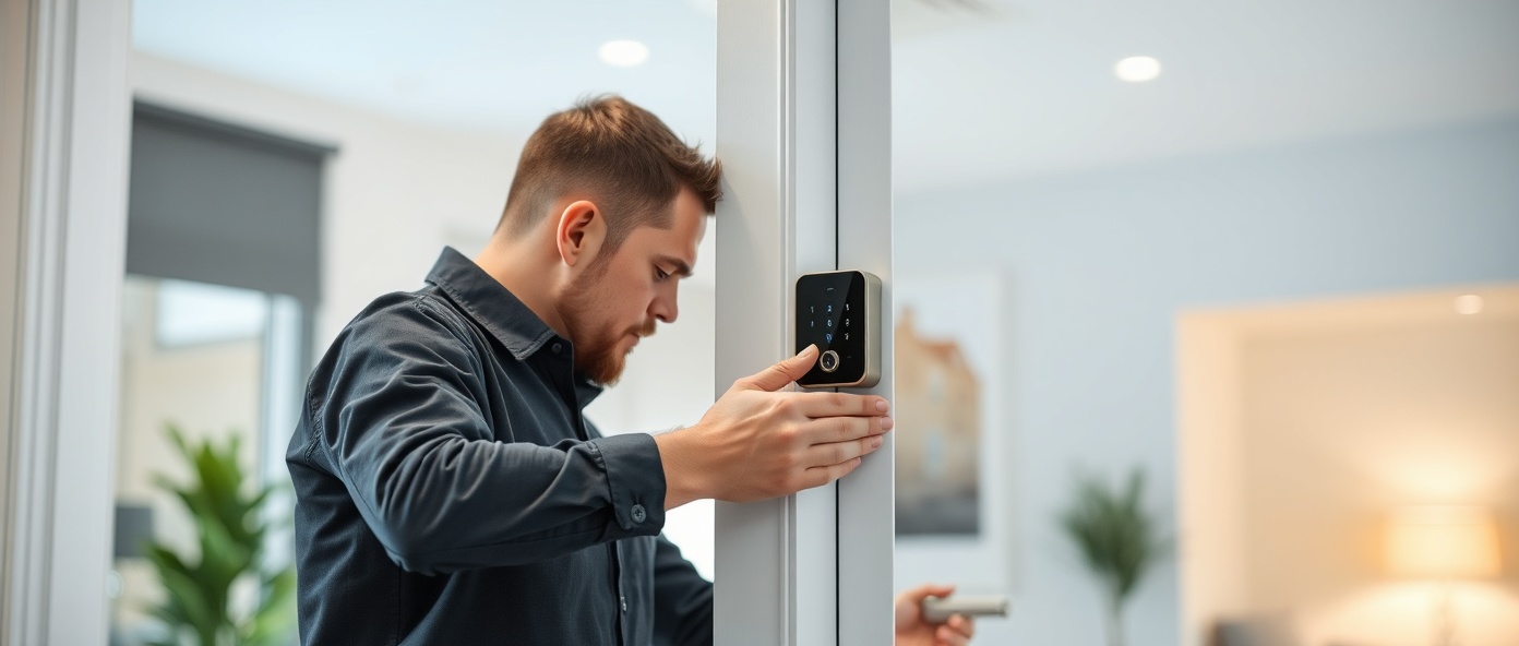 Professional locksmith installing smart lock