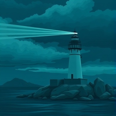 Lighthouse with light beam through dark clouds
