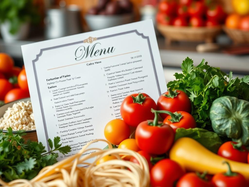 A high-resolution close-up of a beautifully arranged catering menu, surrounded by fresh ingredients and a vibrant kitchen backdrop. The image captures the creativity involved in menu planning, with colorful fruits and vegetables artistically displayed.