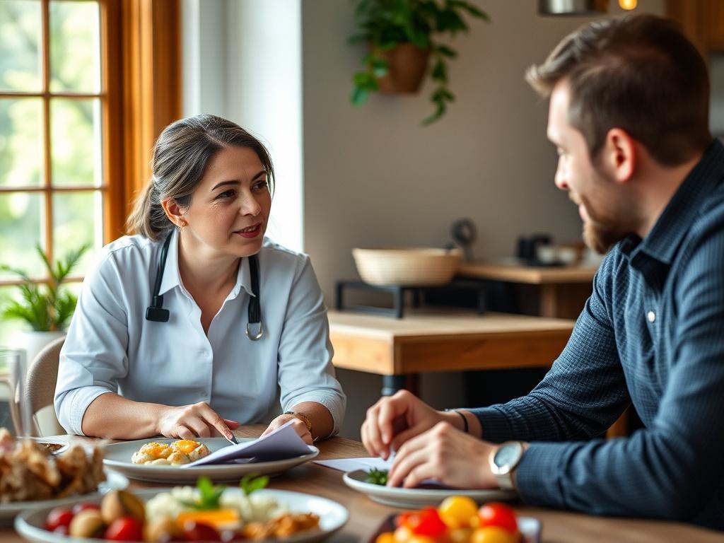 A close-up shot of a caterer discussing menu options with a client at a table, showcasing food samples in the background. Natural light from a nearby window enhances the welcoming atmosphere. The focus is on the engaged expressions of both individuals, creating a sense of collaboration.
