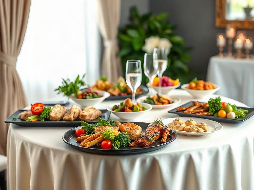 **Prompt for AI Image Generator:**

Create a realistic high-resolution photo that visually represents the essence of a successful catering event, perfectly aligning with the blog title "5 Essential Tips for Successful Catering Events." The composition should feature a beautifully arranged table set for a catering event, showcasing an elegant and inviting atmosphere. 

- **Subject Matter:** The focal point should be a stunningly decorated round table draped in a soft, ivory tablecloth. On the table, display a variety of gourmet dishes elegantly presented on stylish platters. Include colorful, seasonal vegetables, perfectly cooked proteins, and garnishes that add pops of color. 

- **Background:** Use a softly blurred background to suggest a lively catering environment, perhaps featuring tasteful decor elements such as tasteful lighting, floral arrangements, or soft drapes to convey sophistication. Ensure the setting reflects warmth and hospitality.

- **Lighting:** Utilize natural lighting to create a soft, inviting glow over the food and the table setting, enhancing the textures and colors of the dishes. 

- **Composition Details:** Frame the image with the table centered in the shot, avoiding distractions. The focus should be crisp on the food and table setting while using a shallow depth of field to gently blur the background, ensuring the viewer’s eye is drawn to the catered display. 

By capturing this scene, the image should evoke the message of maximizing catering success with expert tips while maintaining an elegant and professional tone.