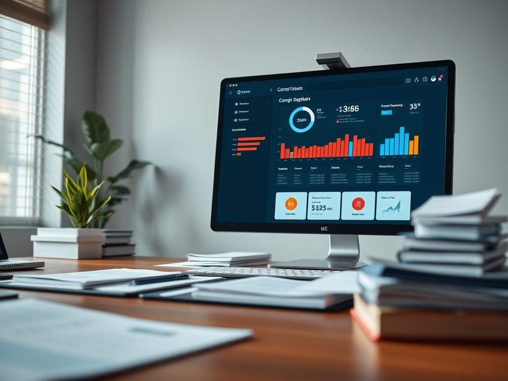 A close-up shot of a well-organized office desk featuring a sleek computer monitor displaying the compliance dashboard of the Starter Plan, with paperwork neatly arranged and a calming background that reflects a professional atmosphere. The image should be shot with a 45mm f/1.2 lens to create a hyper-realistic focus on the monitor.