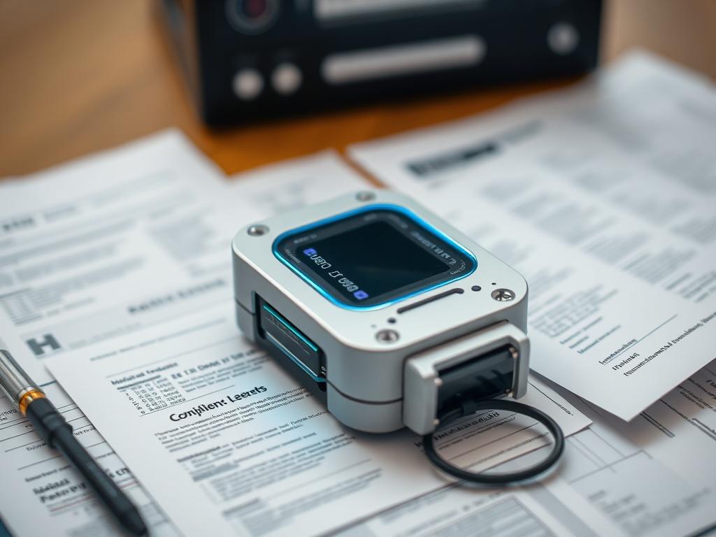 A hyper-realistic close-up of a high-tech IoT device surrounded by compliance-related paperwork, showcasing the advanced technology involved in the Pro Plan. The background should be minimalist and professional, highlighting innovation and precision, shot with a 45mm f/1.2 lens.