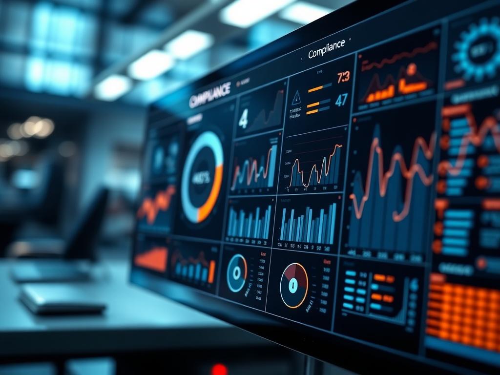 A hyper realistic close up of a futuristic compliance dashboard