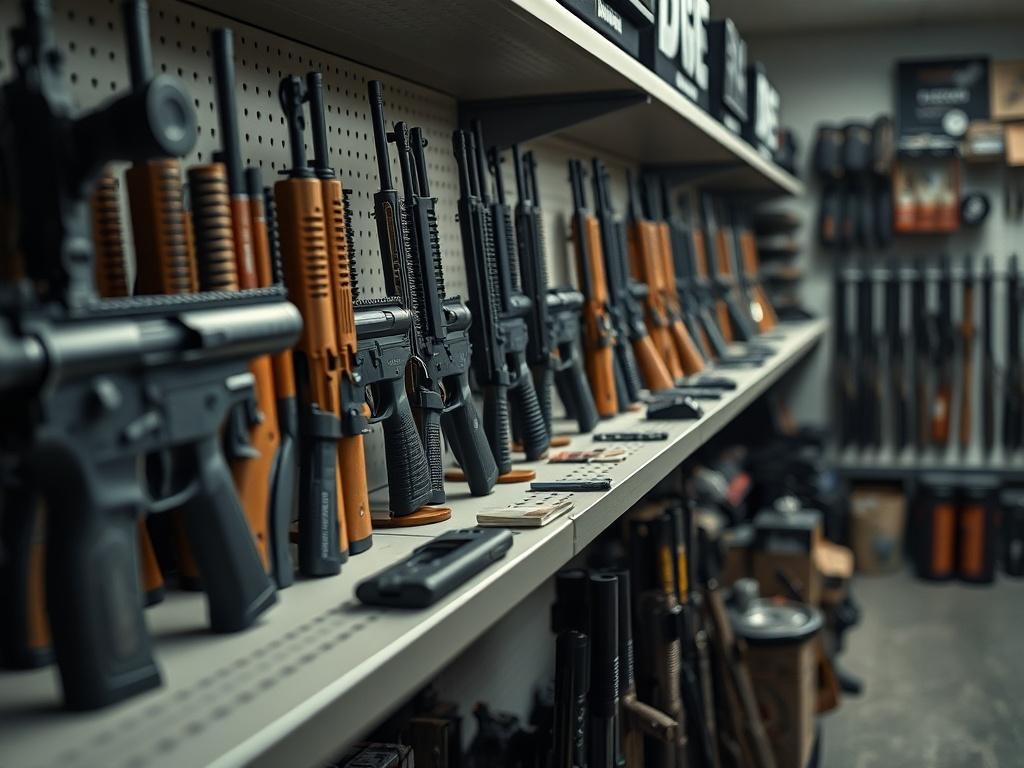 A close up image of a well organized firearms inventory