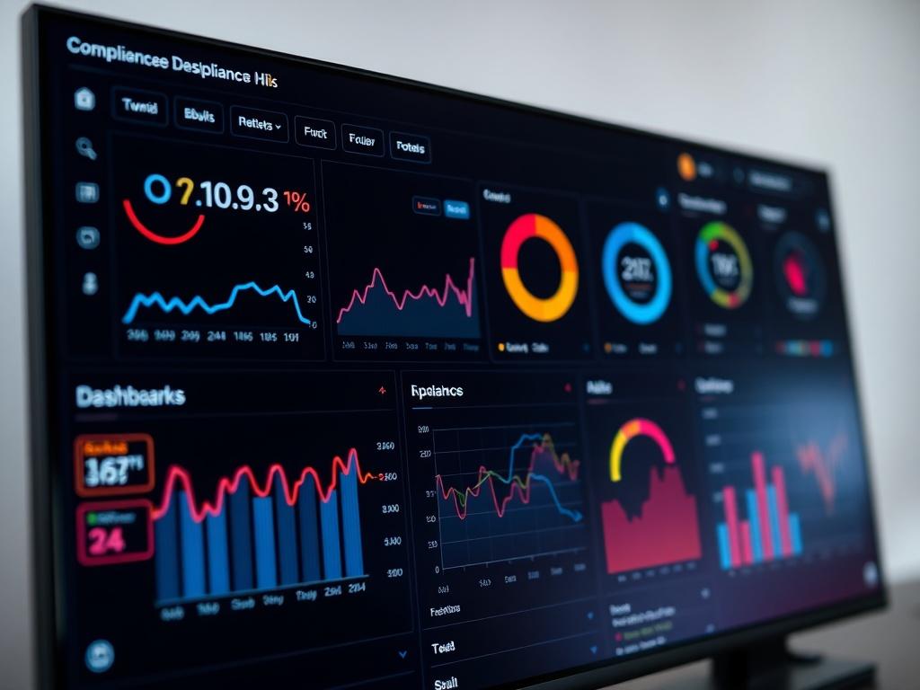 A close-up shot of a modern digital dashboard displaying various compliance metrics and data visualizations. The dashboard is sleek, with a dark theme and vibrant color accents. Show dynamic graphs, pie charts, and alerts on the screen. The background should be minimalist, emphasizing the dashboard while maintaining a professional aesthetic. The image should be high-resolution and rendered in hyper-realistic detail, capturing the intricacies of the digital interface.