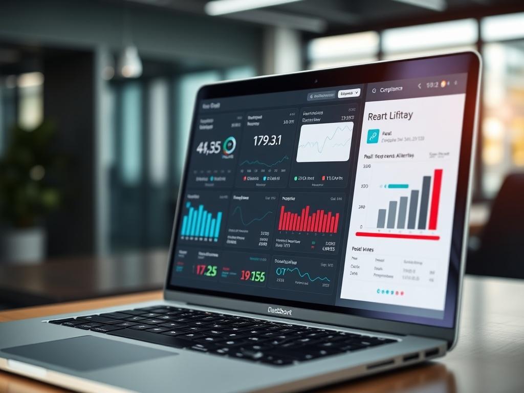 A high-resolution close-up shot of a sleek, modern compliance dashboard displayed on a laptop screen, showcasing real-time monitoring graphs and alerts. The background should be a softly blurred office environment, emphasizing a professional and efficient atmosphere. The primary color in the image should reflect rgb(155, 2, 2), adding a bold touch to the overall composition.