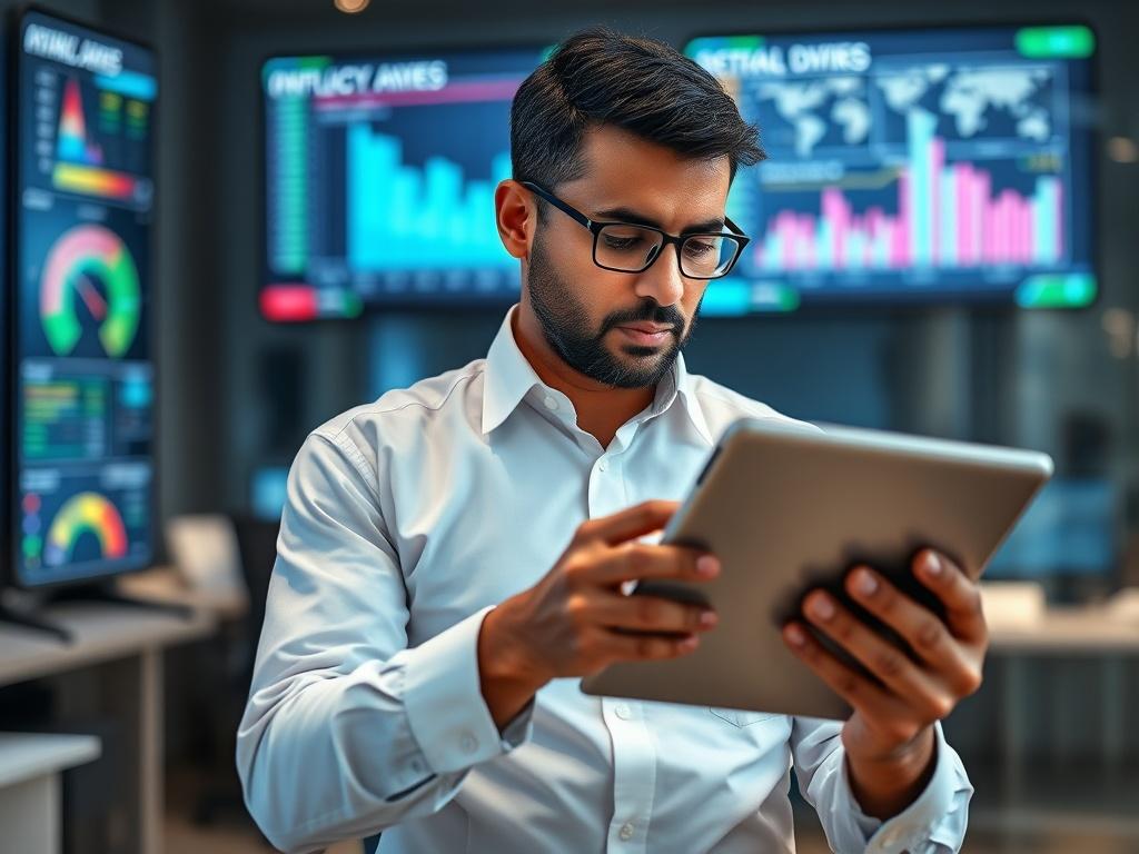 Create a realistic high-resolution image featuring a single subject that embodies the theme of "Maximizing Production Management Efficiency" in the hydrocarbon value chain. The subject should be a confident, professional energy manager, a middle-aged South Asian man, wearing a crisp white shirt and dark trousers, deep in thought while examining data on a sleek tablet. 

The composition should focus closely on the manager's thoughtful expression, with his eyes reflecting a sense of determination and insight.