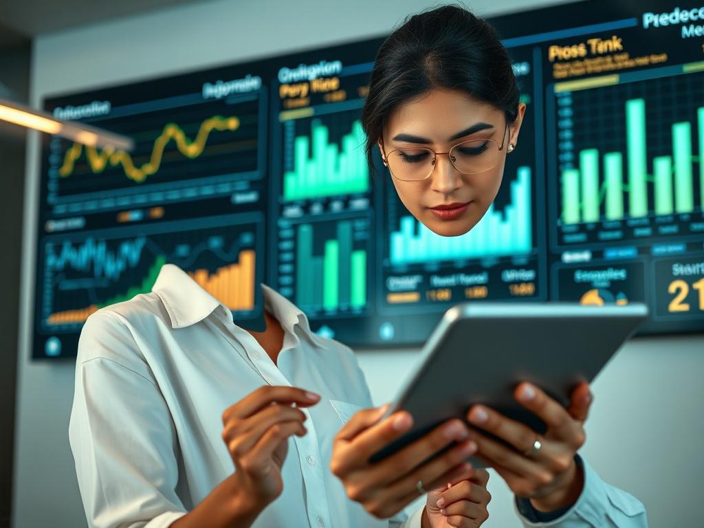 Create a highly detailed, hyper-realistic close-up shot of a focused production manager, a middle-aged South Asian woman, intensely reviewing data on a tablet in a modern office environment. She has a thoughtful expression, indicating her concentration on the task of enhancing production management efficiency. 

The background should feature sleek, high-tech office elements, including a wall-mounted digital dashboard displaying real-time production graphs and metrics related to the hydrocarbon sector. Use s