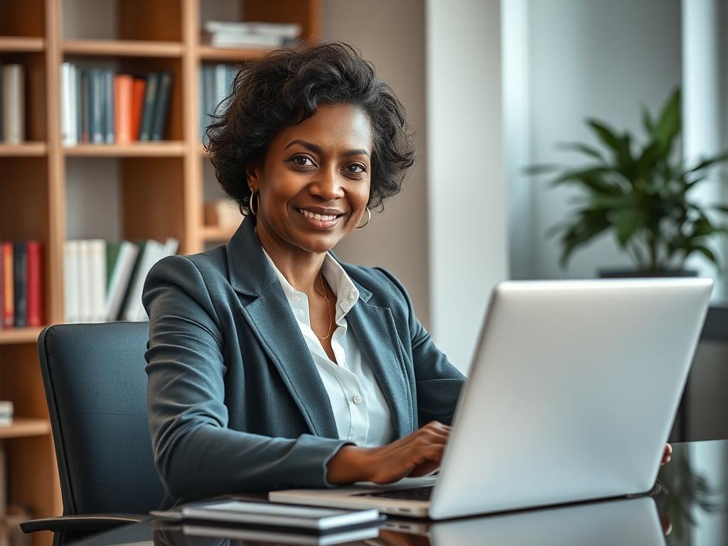 Create a highly detailed, realistic high-resolution photo that embodies the essence of a blog titled "Mocha's Career Advice." The composition should be simple and clear, featuring a single subject: a mature woman of diverse ethnicity, dressed in professional attire, sitting at a sleek desk with a laptop open in front of her. She should have an expression of confidence and approachability, embodying the spirit of career guidance.

The background should be a softly blurred office space that conveys a sense of