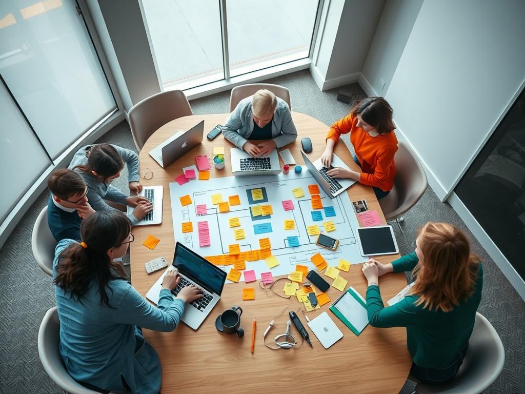 An overhead shot of a team collaborating on a BPMN