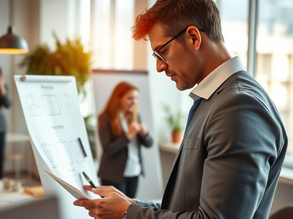 A professional consultant analyzing a flowchart on a whiteboard, showing