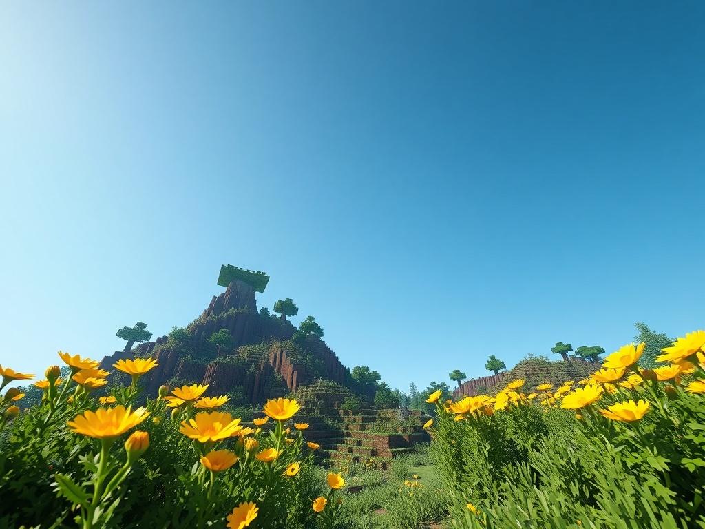 A realistic high resolution image of a vibrant Minecraft landscape