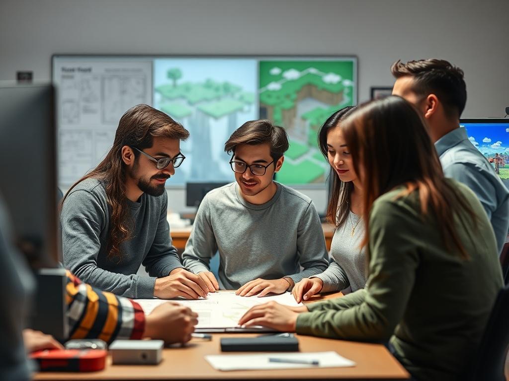 A photorealistic portrait of a diverse team of developers working