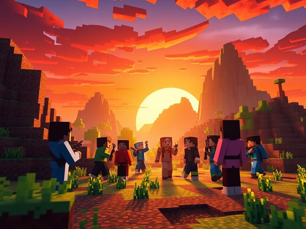 A photorealistic scene depicting a vibrant Minecraft server environment, showcasing