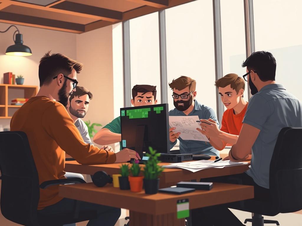 A dedicated development team working collaboratively on a Minecraft server project. The scene shows team members brainstorming around a computer, with sketches and plans visible. The atmosphere is creative and energetic, showcasing the passion for gaming.