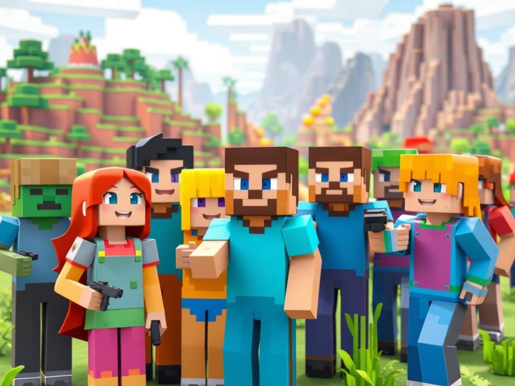 A vibrant gaming community scene, showing diverse players interacting in a Minecraft-like environment, with colorful avatars and lively expressions. The background features a virtual landscape with varied terrains, showcasing creativity and collaboration in gameplay. The colors are bright and inviting, emphasizing a friendly atmosphere.
