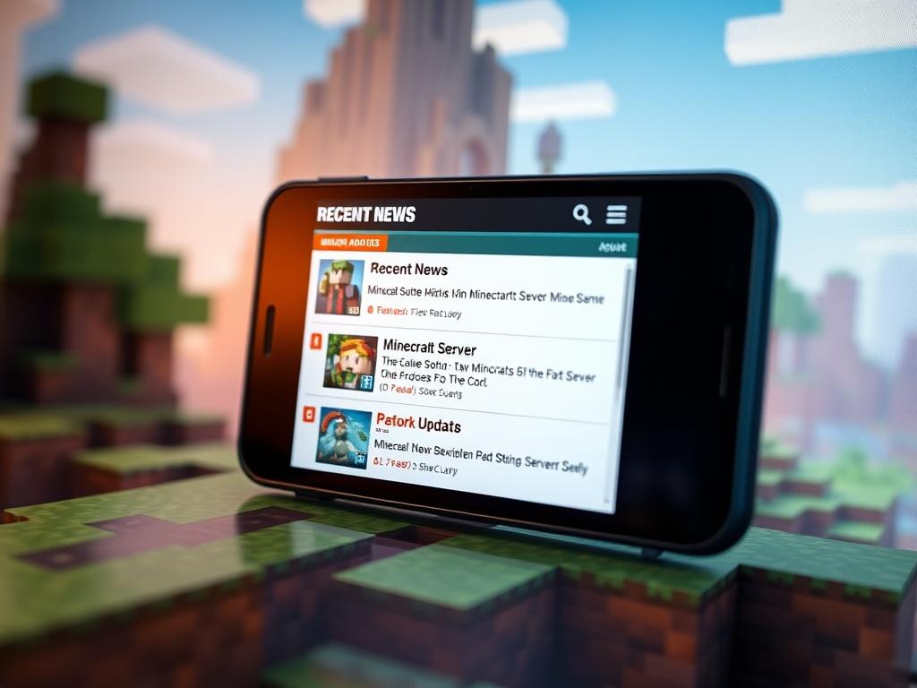 A close-up of a gaming update screen displaying recent news and features about a Minecraft server. The interface is sleek and modern, with vibrant colors reflecting updates. The background shows a Minecraft-inspired landscape, enhancing the gaming theme.