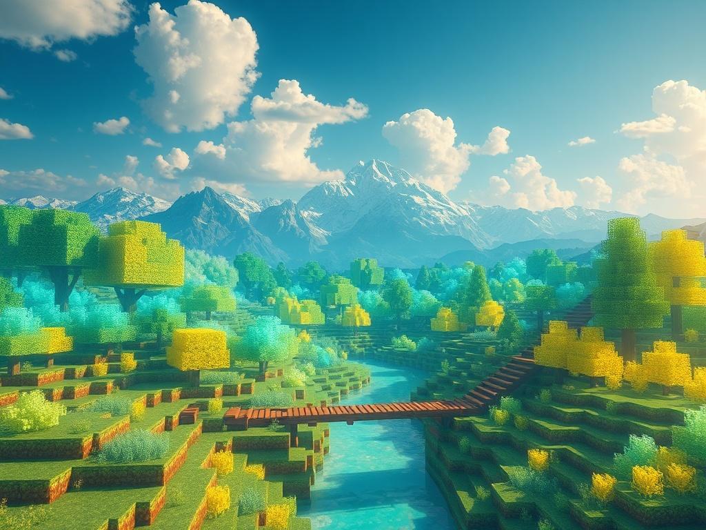 Create a realistic, high-resolution image that reflects the essence of a blog titled "Svelare AetheriumMC: Il Progetto in Sviluppo." The composition should be simple and clear, focusing on a single subject: a vibrant Minecraft landscape that showcases the essence of the AetheriumMC server. 

In the foreground, depict a detailed scene of a lush Minecraft environment, featuring a unique biomes like a glowing forest filled with fantastical, luminescent plants and trees that exhibit shades of blue and yellow—co