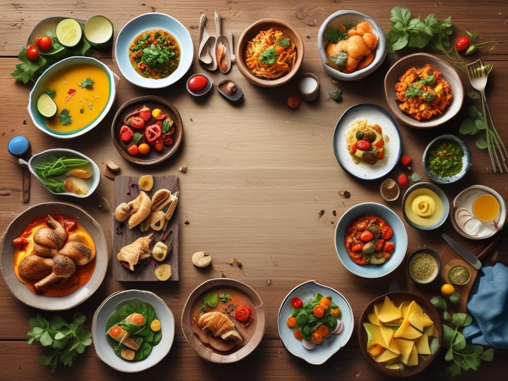 a colorful spread of various international dishes on a wooden