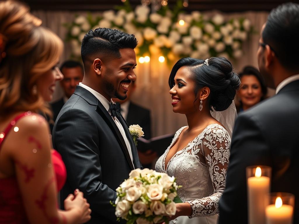 A couple smiling at each other during a vow renewal ceremony, surrounded by loved ones. The officiant, JoJo Chanel Horn, stands in front of them, guiding the couple through their vows. The setting is intimate and beautifully decorated with flowers and candles, creating a romantic ambiance. The image captures the essence of love, connection, and the joy of reaffirming commitment, with a focus on diversity and inclusivity.