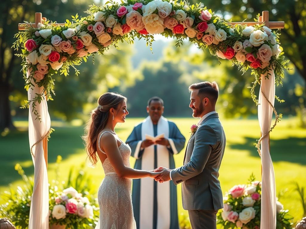 A serene outdoor wedding ceremony scene featuring an officiant, JoJo, standing under a beautifully decorated arch, with a couple exchanging vows in front of them. The background shows lush greenery and soft sunlight filtering through the trees, creating a warm and inviting atmosphere. The officiant, a transgender woman, is dressed elegantly and exudes warmth and confidence, while the couple displays joy and love. The image should convey a sense of inclusivity and celebration.