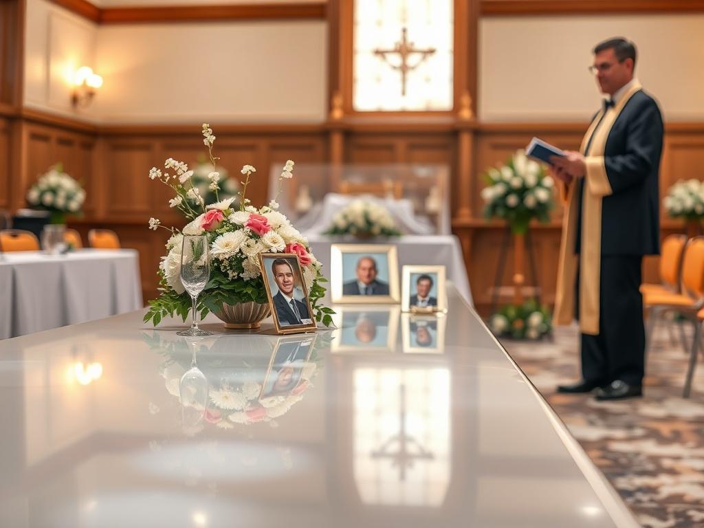 A serene and respectful funeral setting, featuring a beautifully arranged memorial table with flowers and photographs of a loved one. In the background, soft lighting creates a warm atmosphere, and an officiant stands gracefully, holding a eulogy. The scene conveys compassion and remembrance, with a focus on honoring life and spirit. The color palette includes soft tones to evoke a sense of peace.