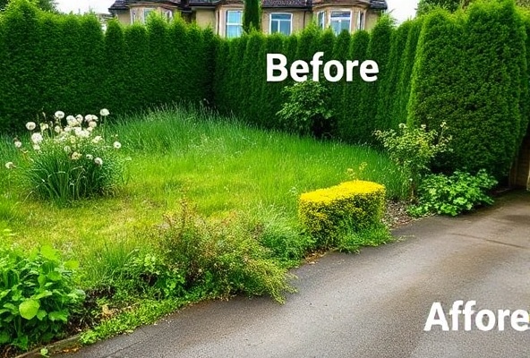 Before: Overgrown yard with unkempt lawn and wild hedges