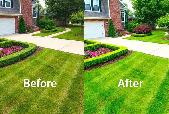 After: Beautifully maintained yard with trimmed lawn and shaped hedges