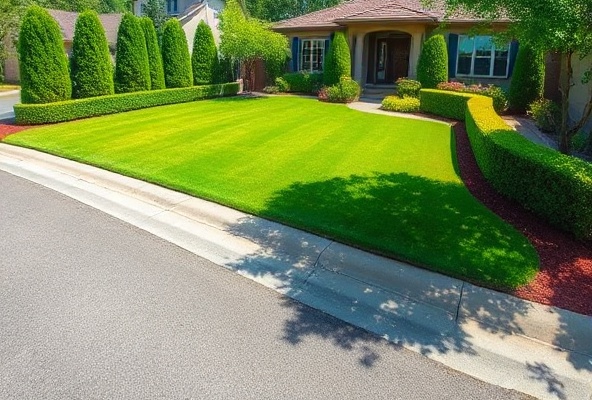 Beautifully maintained yard with green lawn and trimmed hedges