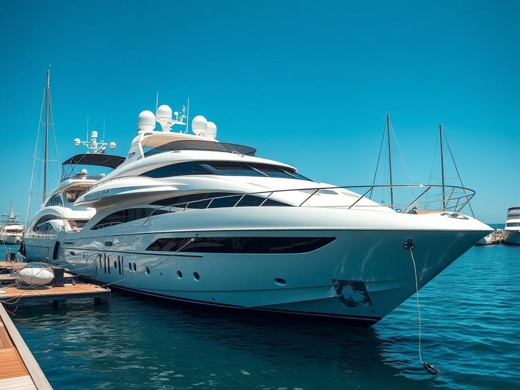 A luxurious yacht on display for sale, elegantly docked at a marina, with clear blue skies and sparkling water in the background. The yacht should be well-lit, showcasing its premium features. The focus is on the yacht, with a simple and clean composition that emphasizes its grandeur.