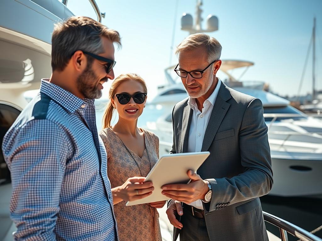 A happy couple examining a luxury yacht they are interested in purchasing, with a knowledgeable yacht broker guiding them. The scene should be vibrant, capturing a sunny day at the marina, with the yacht in pristine condition and the water reflecting sunlight.