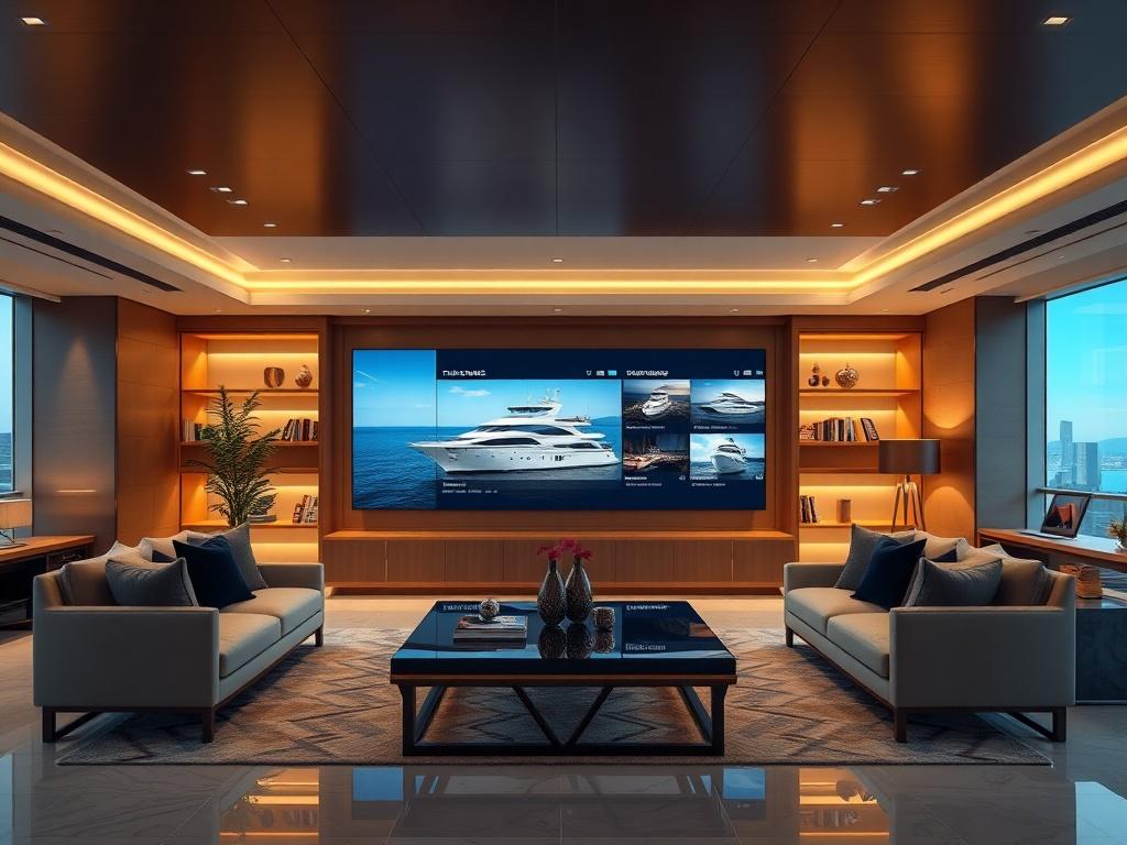 A sophisticated yacht brokerage office showcasing a large screen displaying exclusive yacht listings. The office should exude luxury, with elegant furnishings and a modern design aesthetic. The atmosphere should convey professionalism and exclusivity.