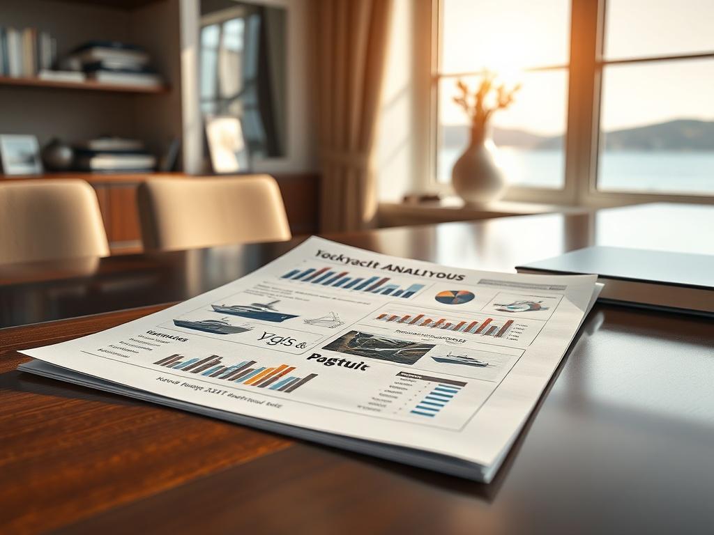 An elegant workspace featuring a yacht market analysis report on a sleek desk. The report includes graphs, statistics, and images of yachts, symbolizing thorough research and insight. Natural light streams in through a window, creating a warm and professional atmosphere. The composition should focus on the report, showcasing the depth of information provided to yacht sellers.
